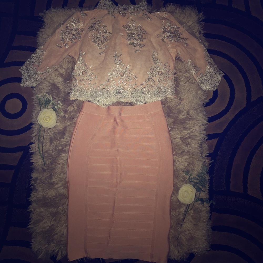 Embroidered crop top w/ matching bandage bodycon